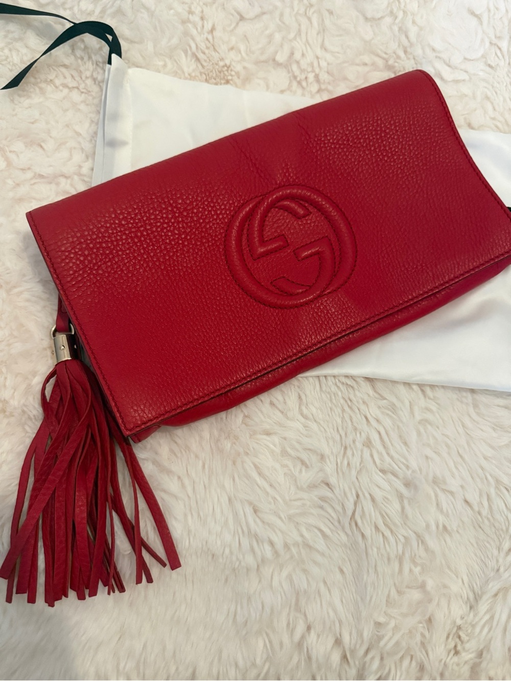 Gucci Red Leather Tassel Clutch with Embossed Logo
